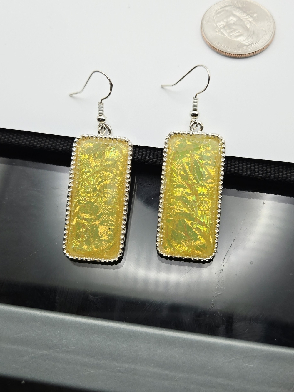 Yellow Iridescent Rectangle Drop Earrings With 925 Stering Hooks - Picture 2 of 14